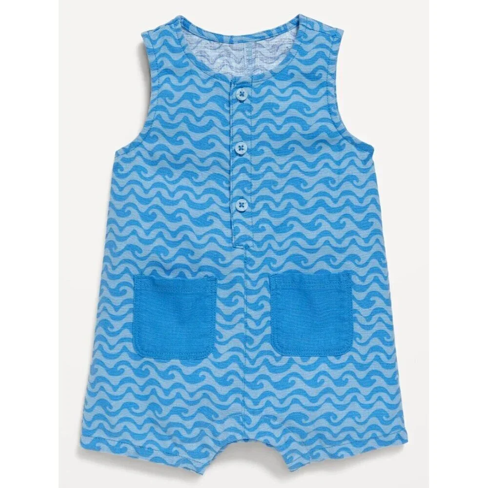 Old Navy Baby Romper Blue Wave Linen Blend Henley One Piece 18-24 months